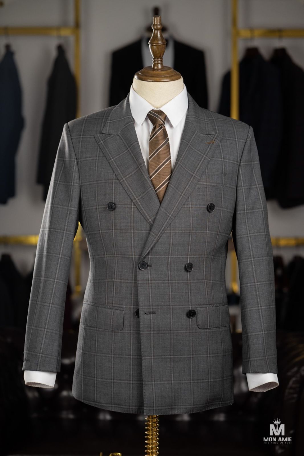 Double Breasted Brown Subtle Plaid Grey Suit 